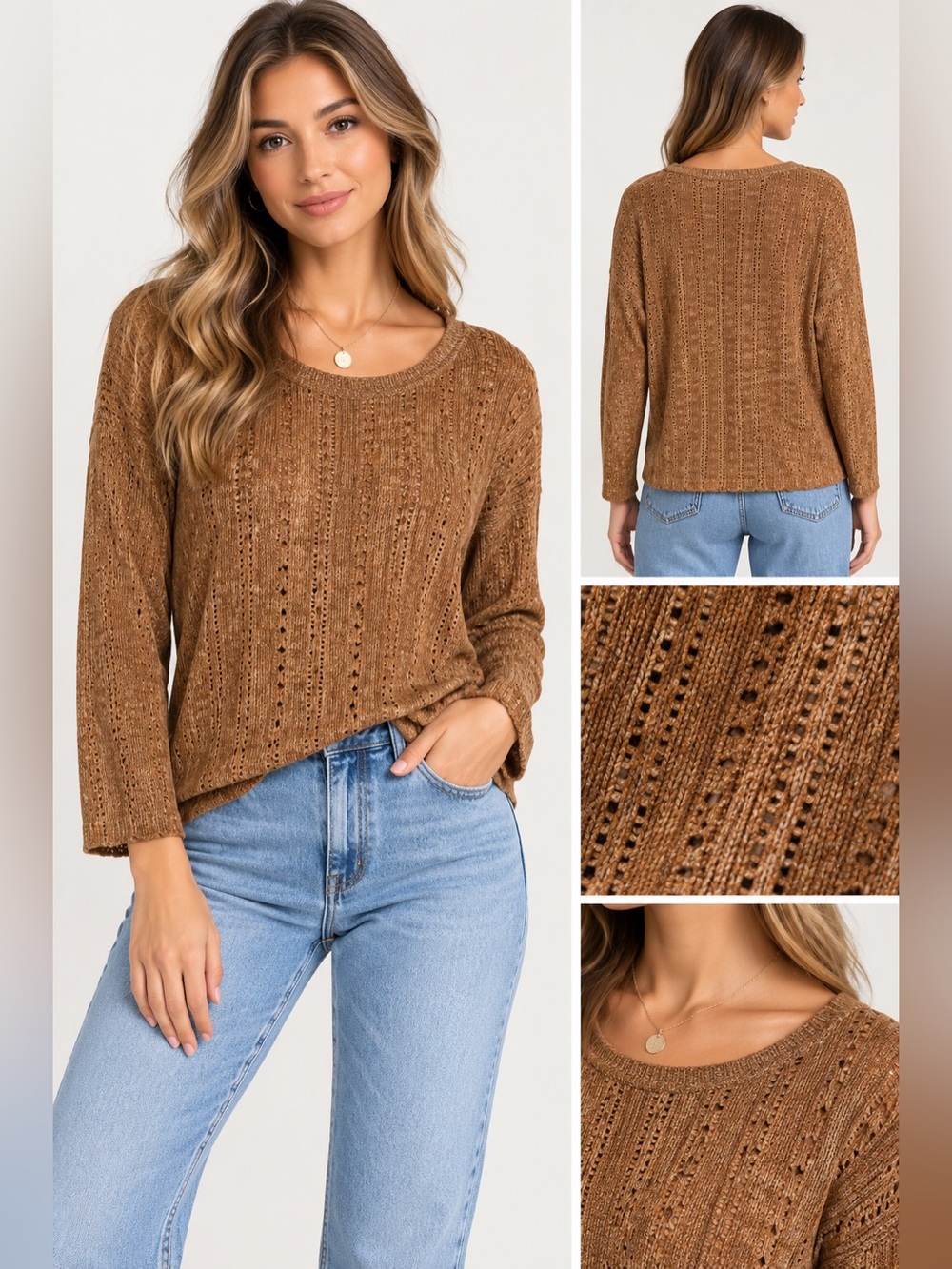 As Rose Rich Brown Open Knit Chenille Sweater Top XL NWT